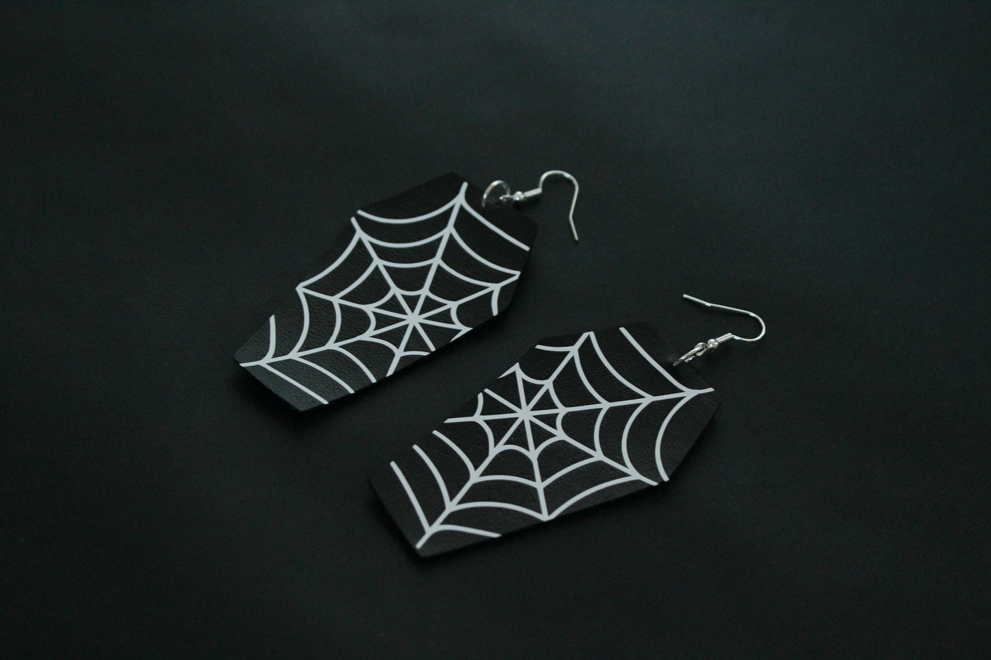 Faux Leather Coffin Spiderweb Earrings