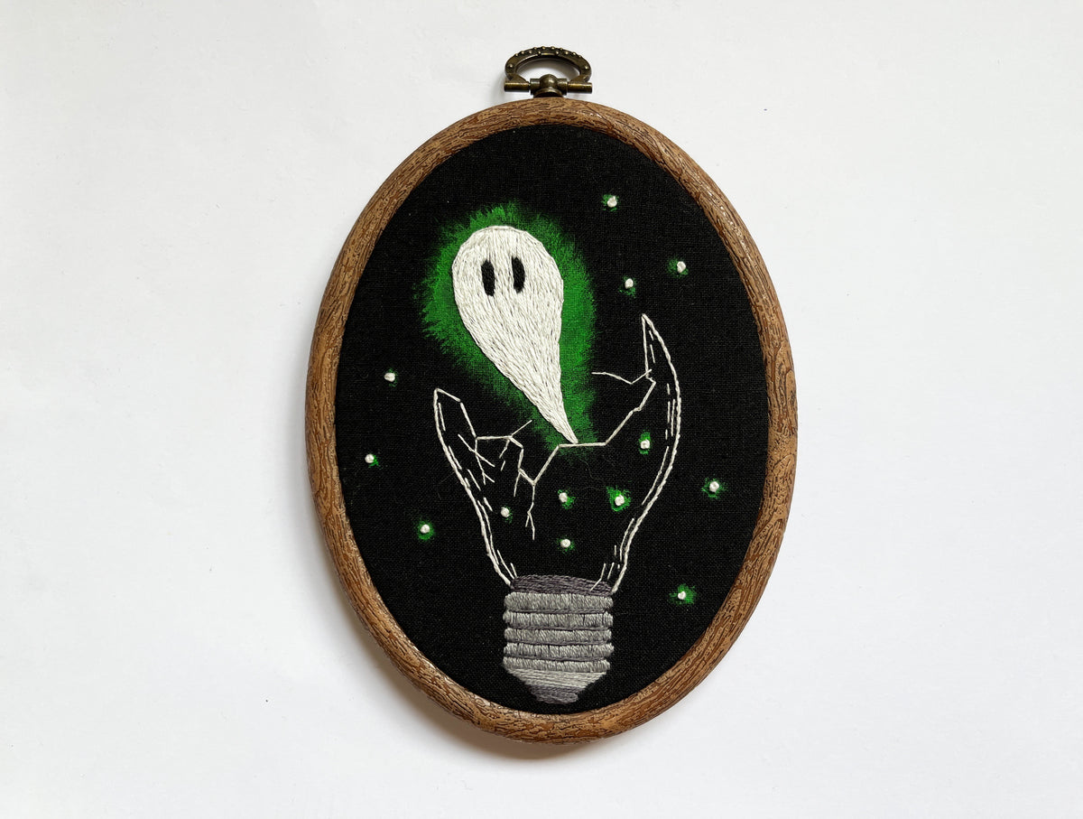 Ghost in a Bulb Embroidery Hoop