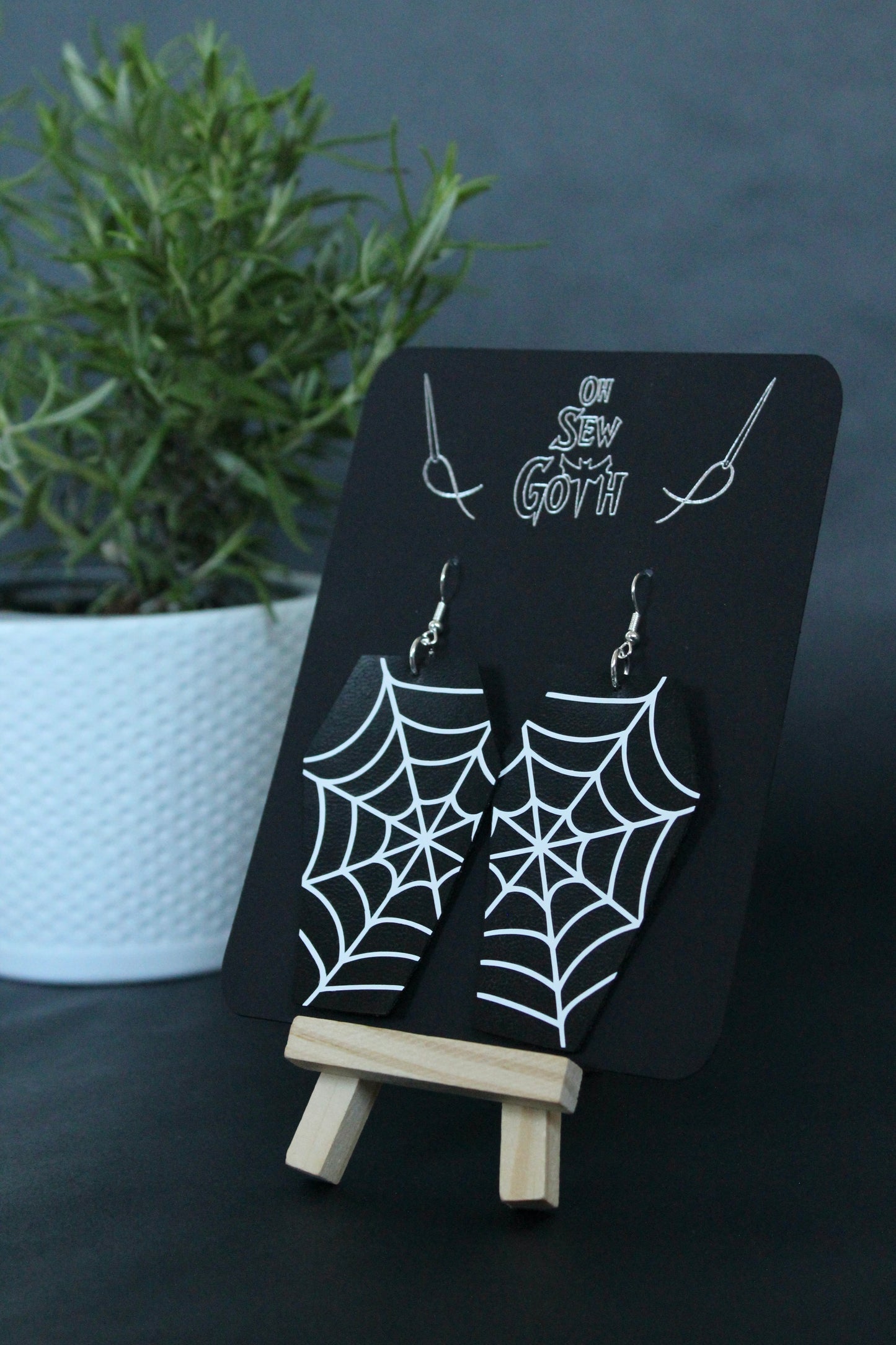 Faux Leather Coffin Spiderweb Earrings