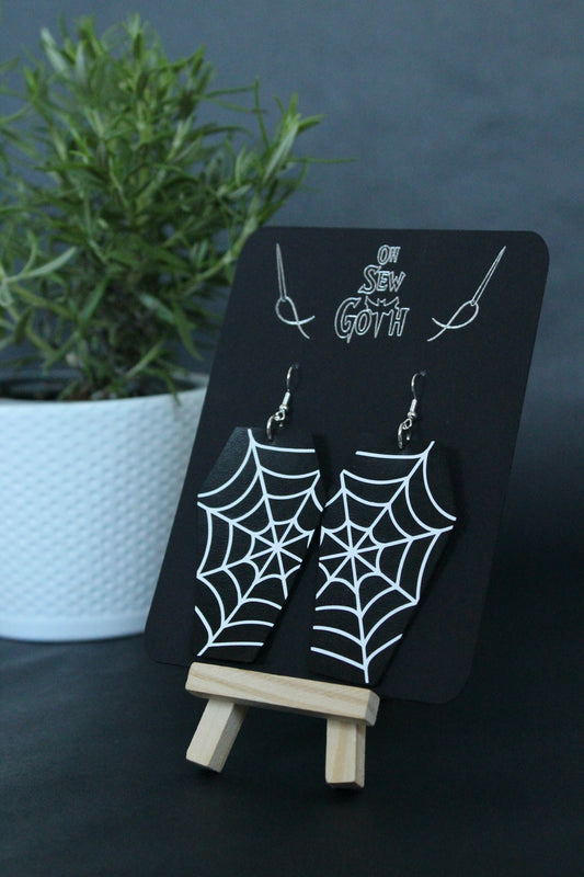 Faux Leather Coffin Spiderweb Earrings