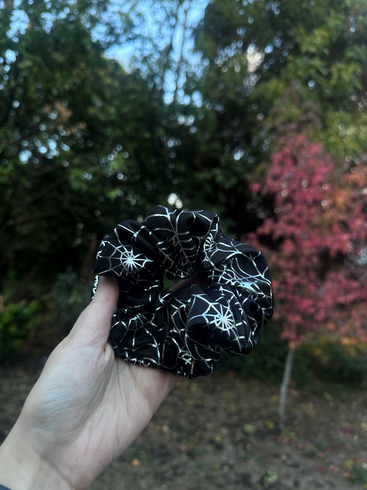 Black and Silver Spiderweb Satin Scrunchie