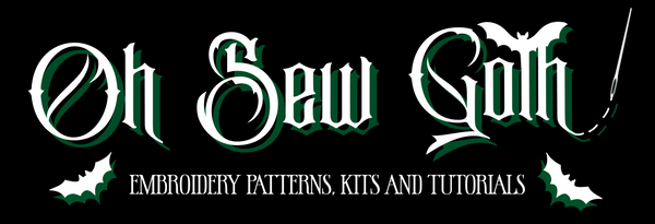 Gothic-style text 'Oh Sew Goth' with embroidery product description on a black background