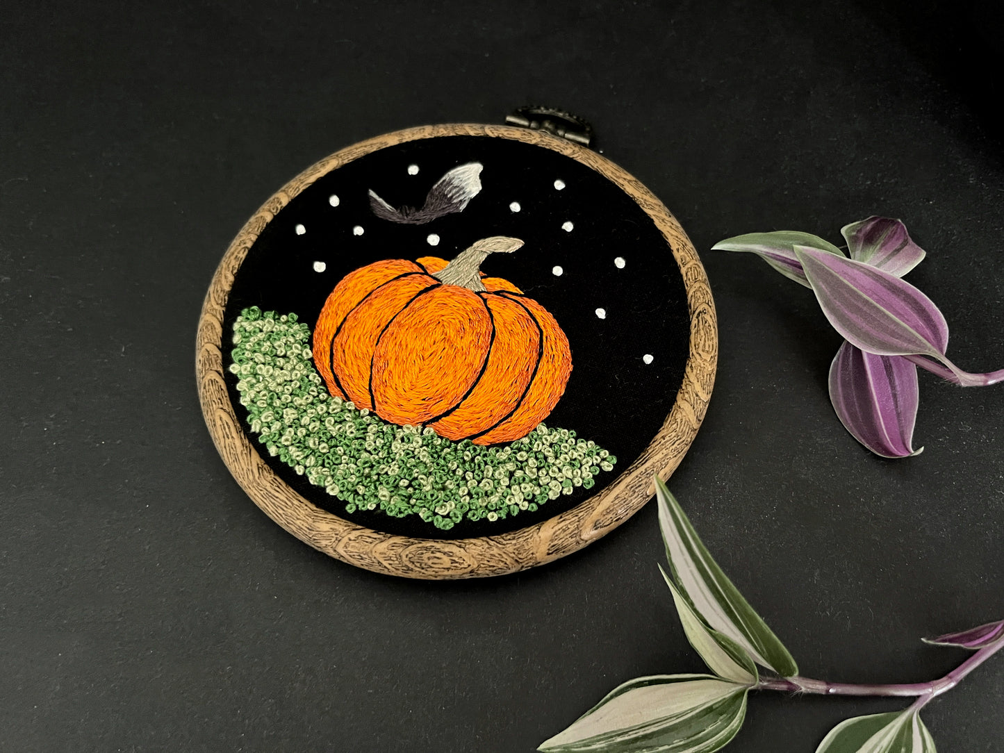 Pumpkin and Bat Embroidery Hoop