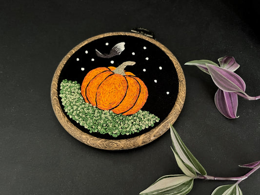 Pumpkin and Bat Embroidery Hoop