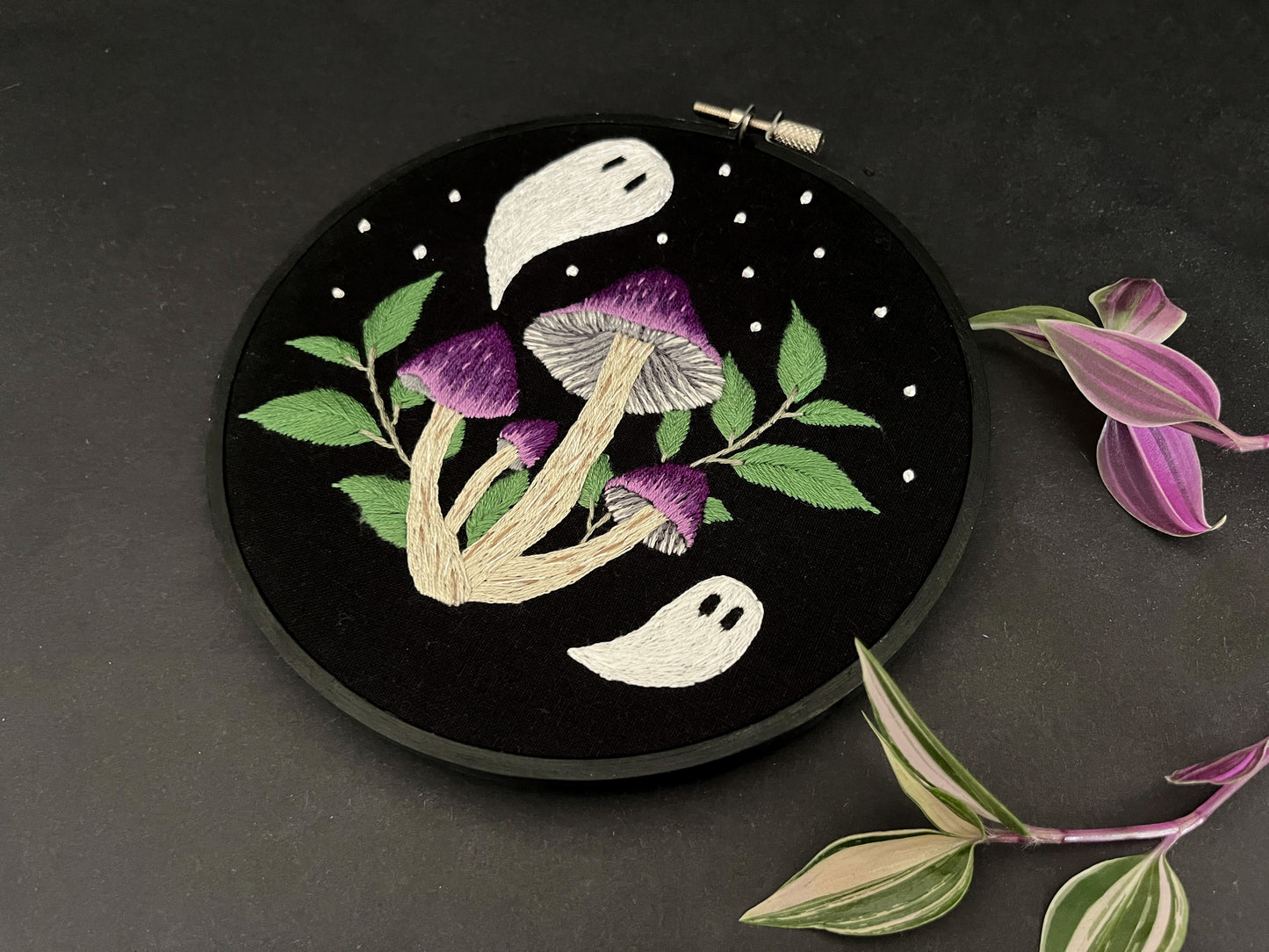 Ghost and Mushrooms Embroidery Hoop