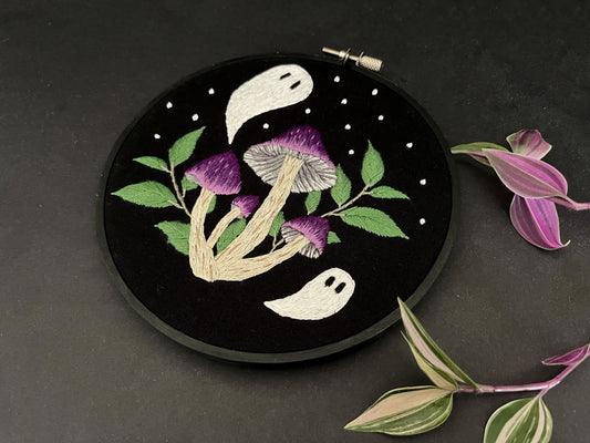 Ghost and Mushrooms Embroidery Hoop