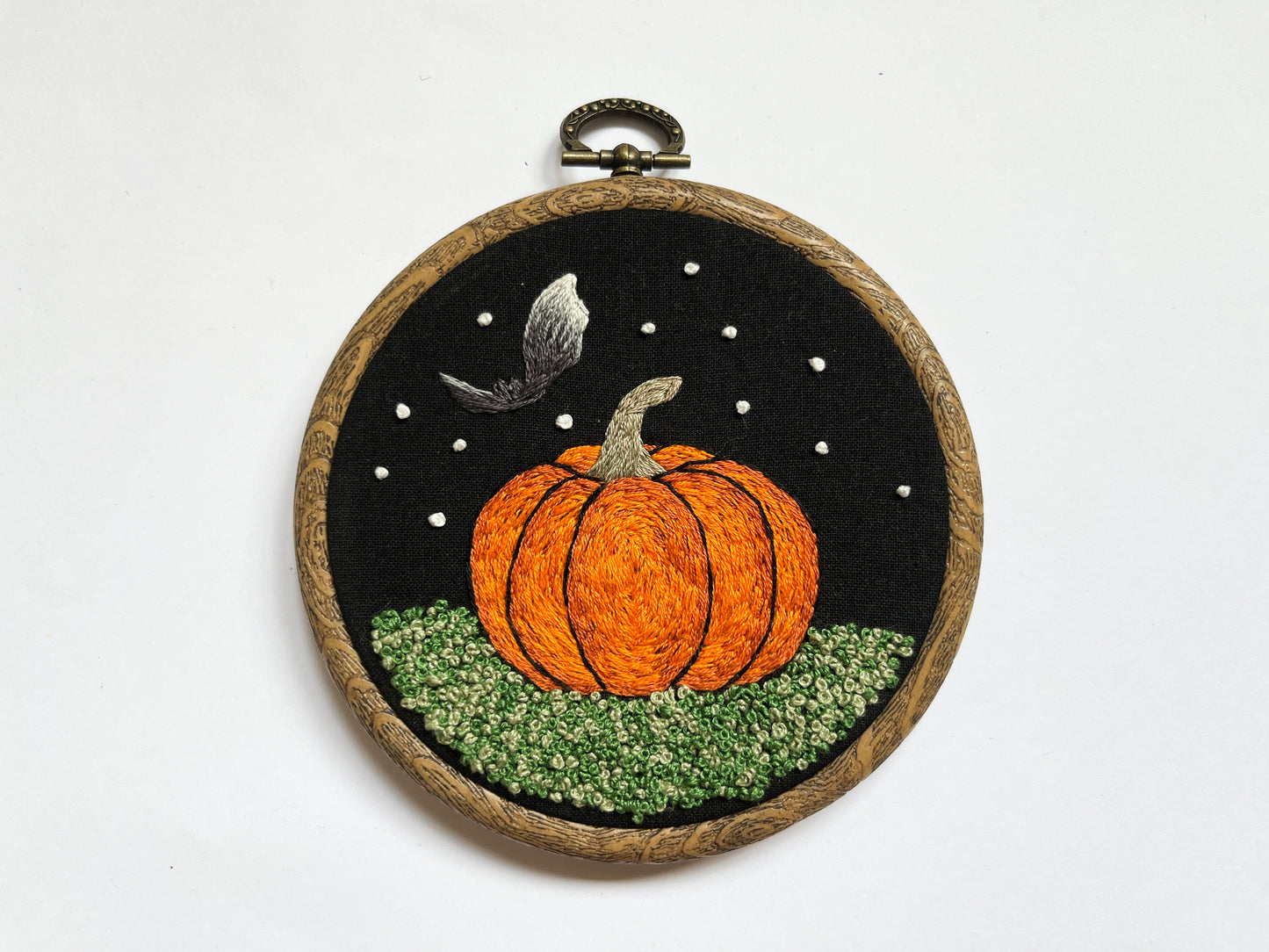 Pumpkin and Bat Embroidery Hoop
