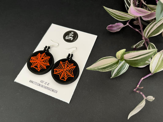 Neon Orange Spiderweb Embroidered Earrings
